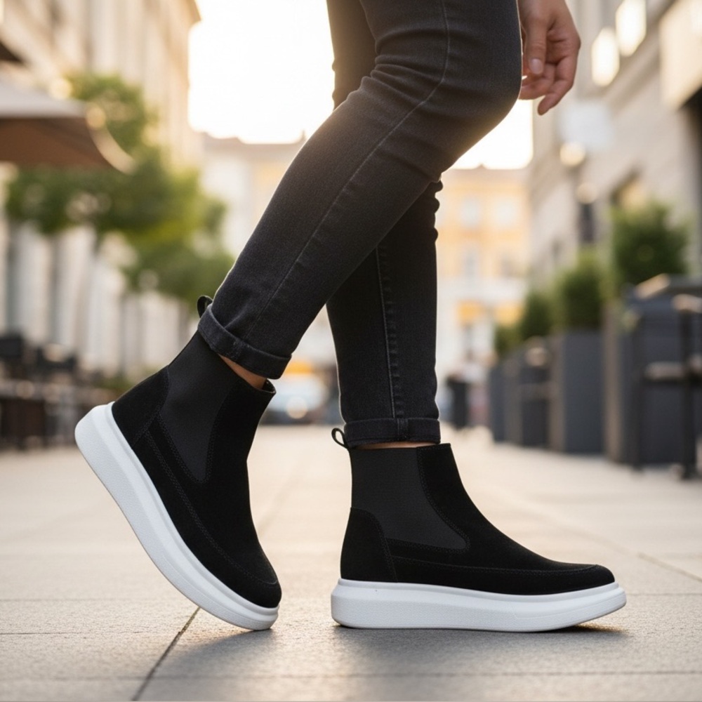 Nurture, the Atna Black Suede High Top White
Platform Sneaker Bootie